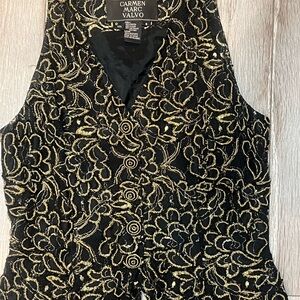 Carmen Marc Valvo Black and Gold Floral Embroidered Vest